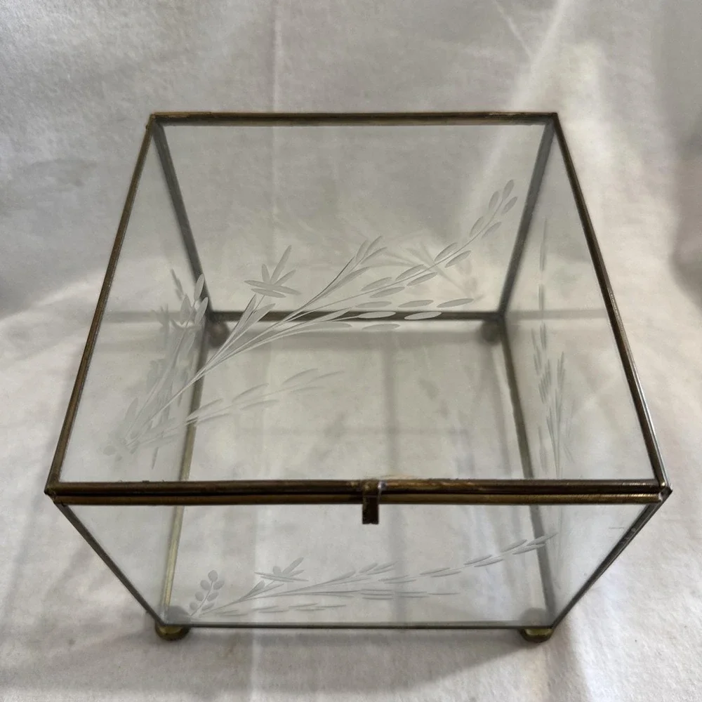 Vtg Brass & Etched Glass Display Case Jewelry Box Tabletop Floral Deco Case 6
